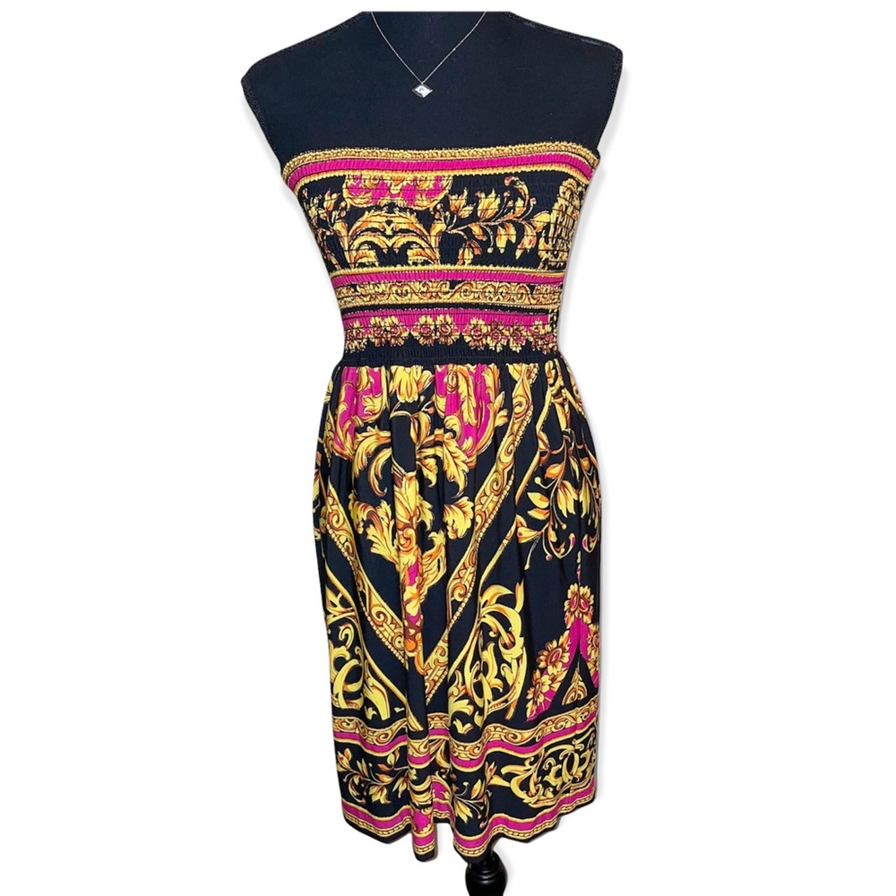 Geo print black gold strapless dress